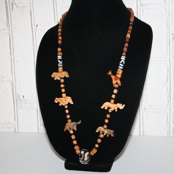 Vintage Jewelry - Beautiful Vintage wooden carved animal beaded necklace with blue glass 3…